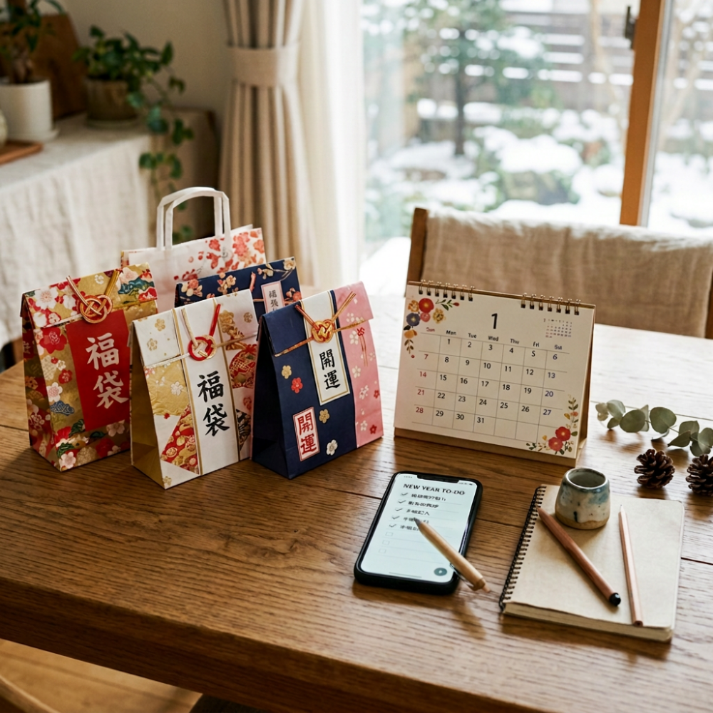Japanese lucky bags labeled 福袋 and 開運 beside a January 1, 2024 calendar